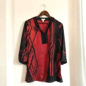 Chico’s Womens Shirt Blouse Red Black Beaded Neckline 3/4 Sleeve Size 0 Small